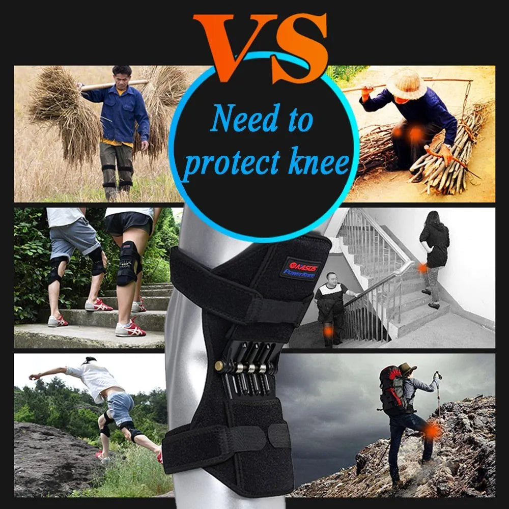 Adjustable spring knee brace in black, shown on a leg, featuring breathable fabric and venting holes for sports support.