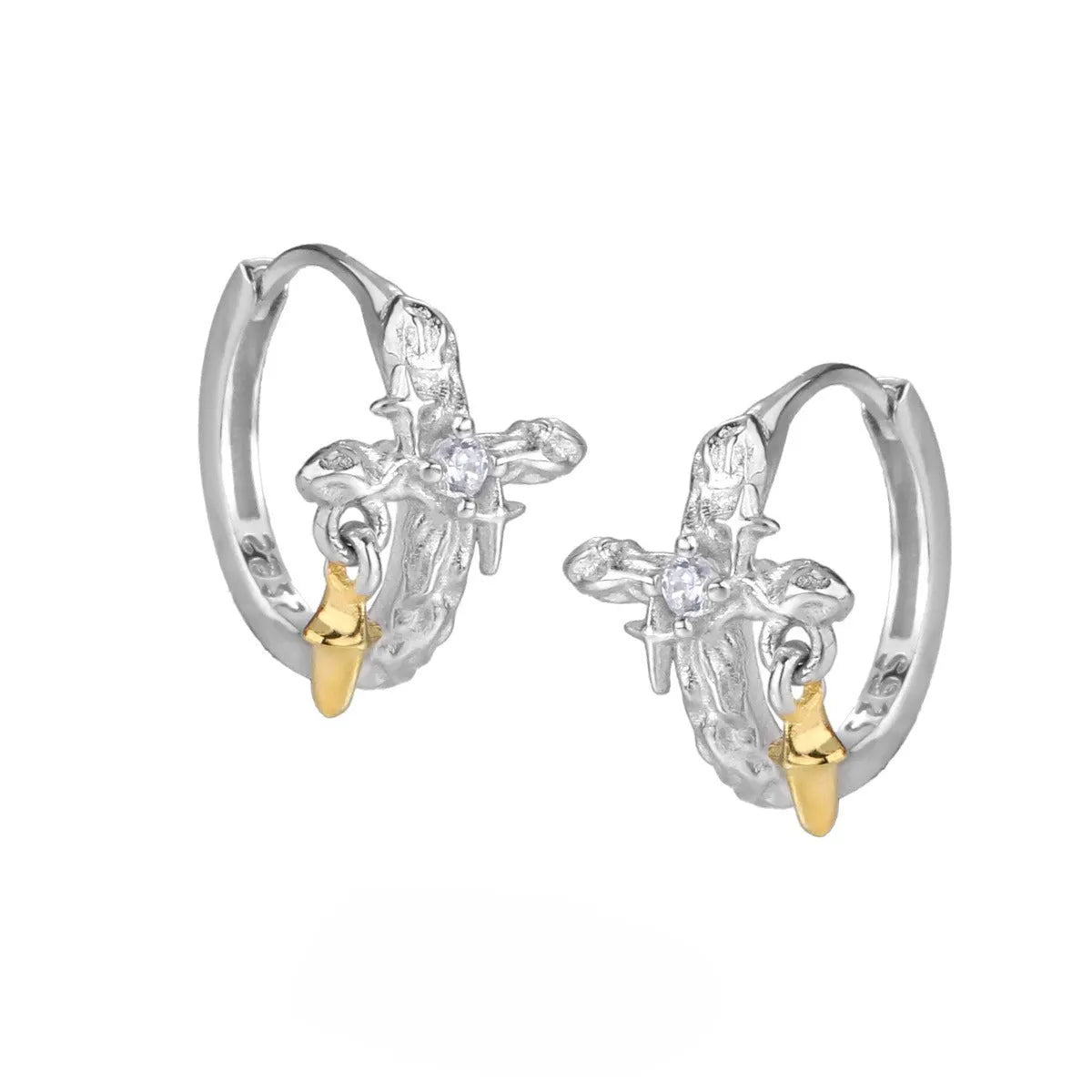 925 sterling silver cross earrings with white gold electroplated finish and geometric design