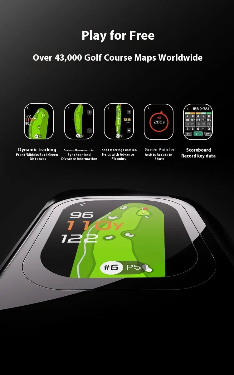 Black GenePro G1 golf GPS rangefinder with AMOLED display showing distance measurement