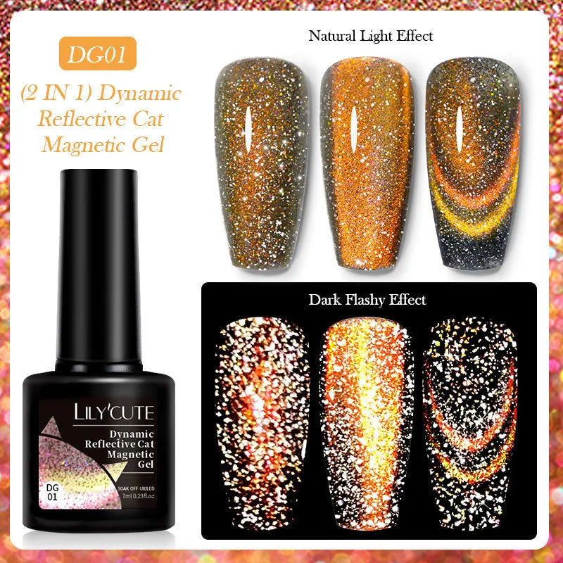 Cat eye series UV gel nail polish bottle with diamond glitter in one of six colour options.