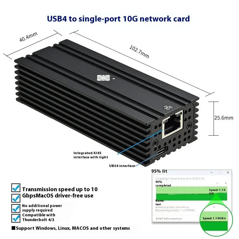 Black USB4 to 10 Gigabit Ethernet network adapter with USB-C cable, compact rectangular design
