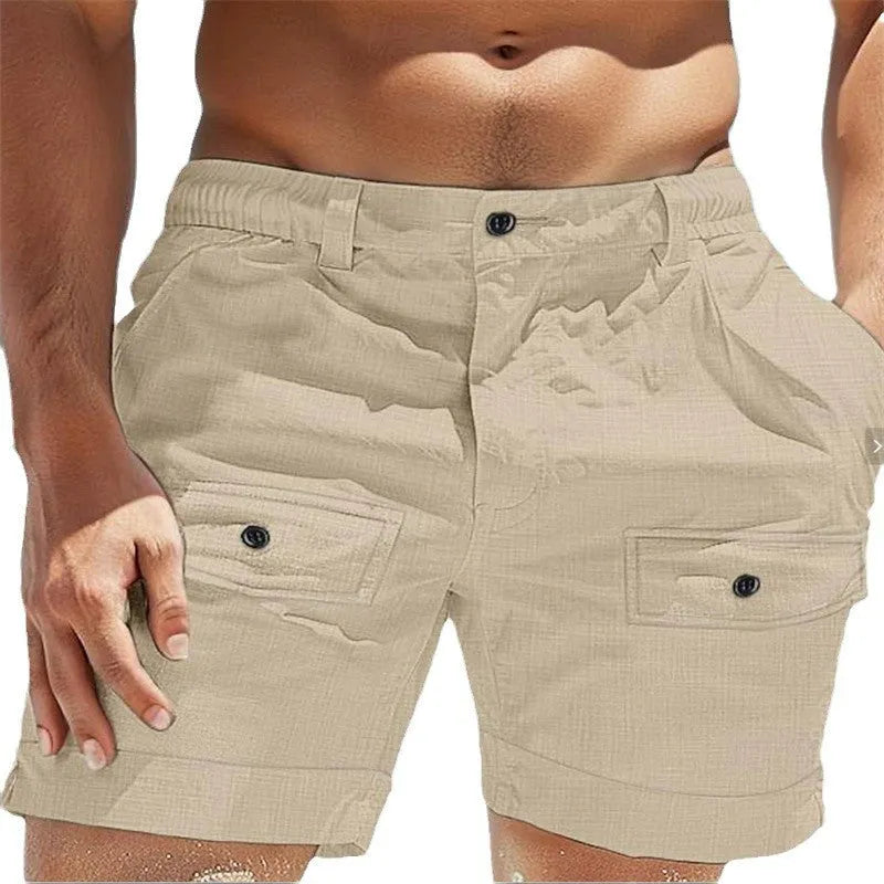 Men's linen beach shorts with elastic waistband and button pocket in white colour