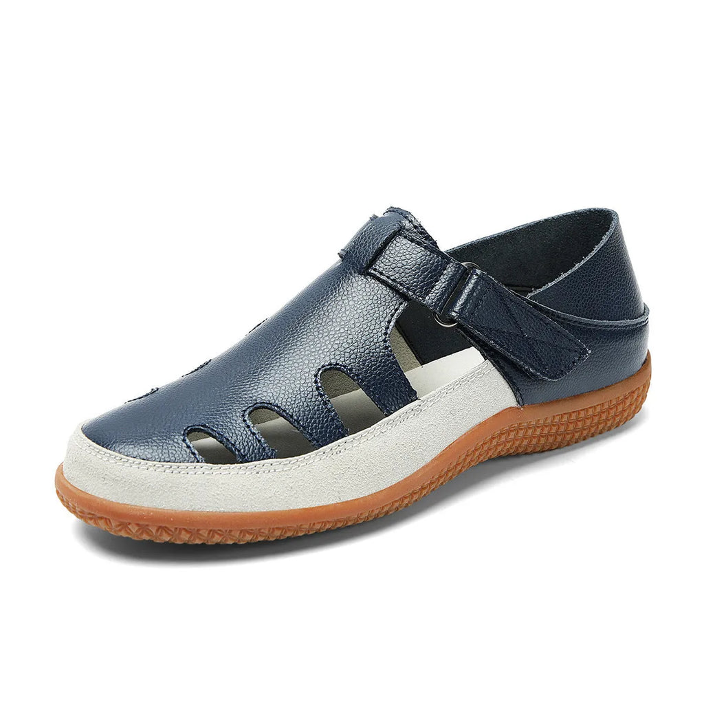 Women's plus size flat sandals with toe cap and hollow breathable design in blue colour