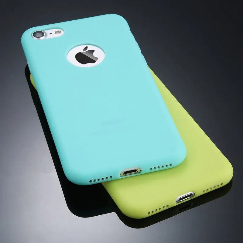 Soft silicone TPU candy colour phone case for iPhone on a plain background.