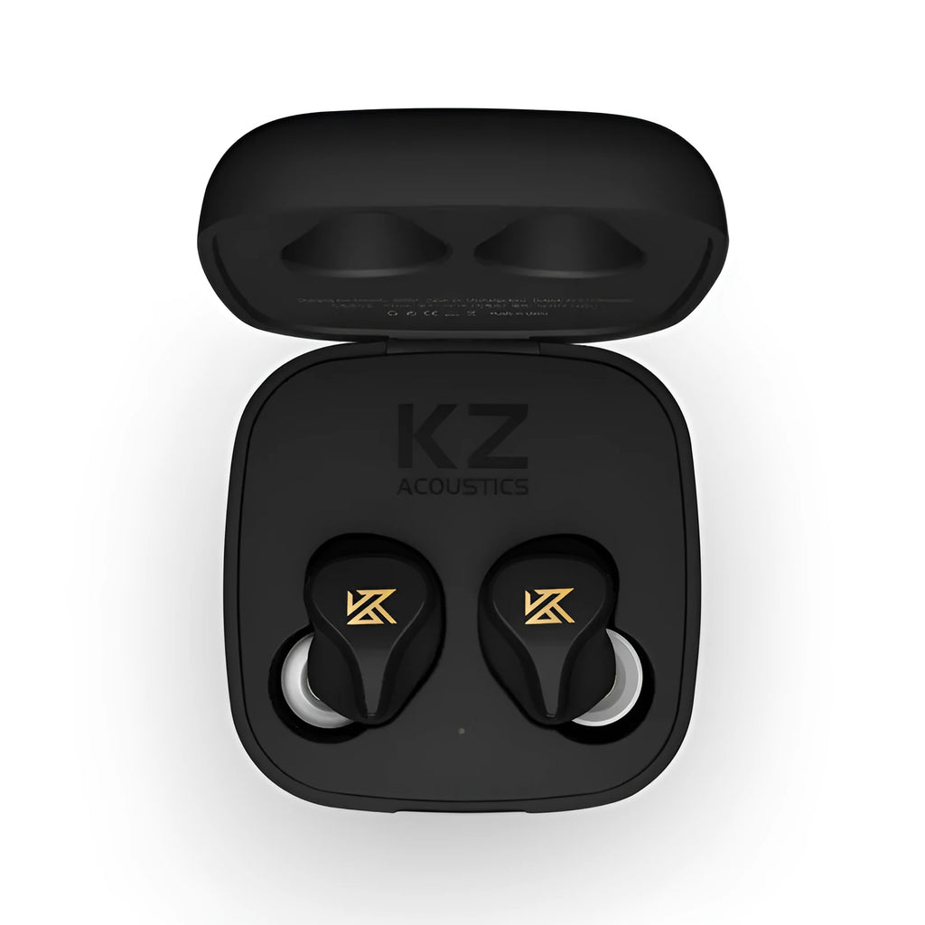 Black Z1 true wireless Bluetooth in-ear headphones with earbuds displayed next to charging case.