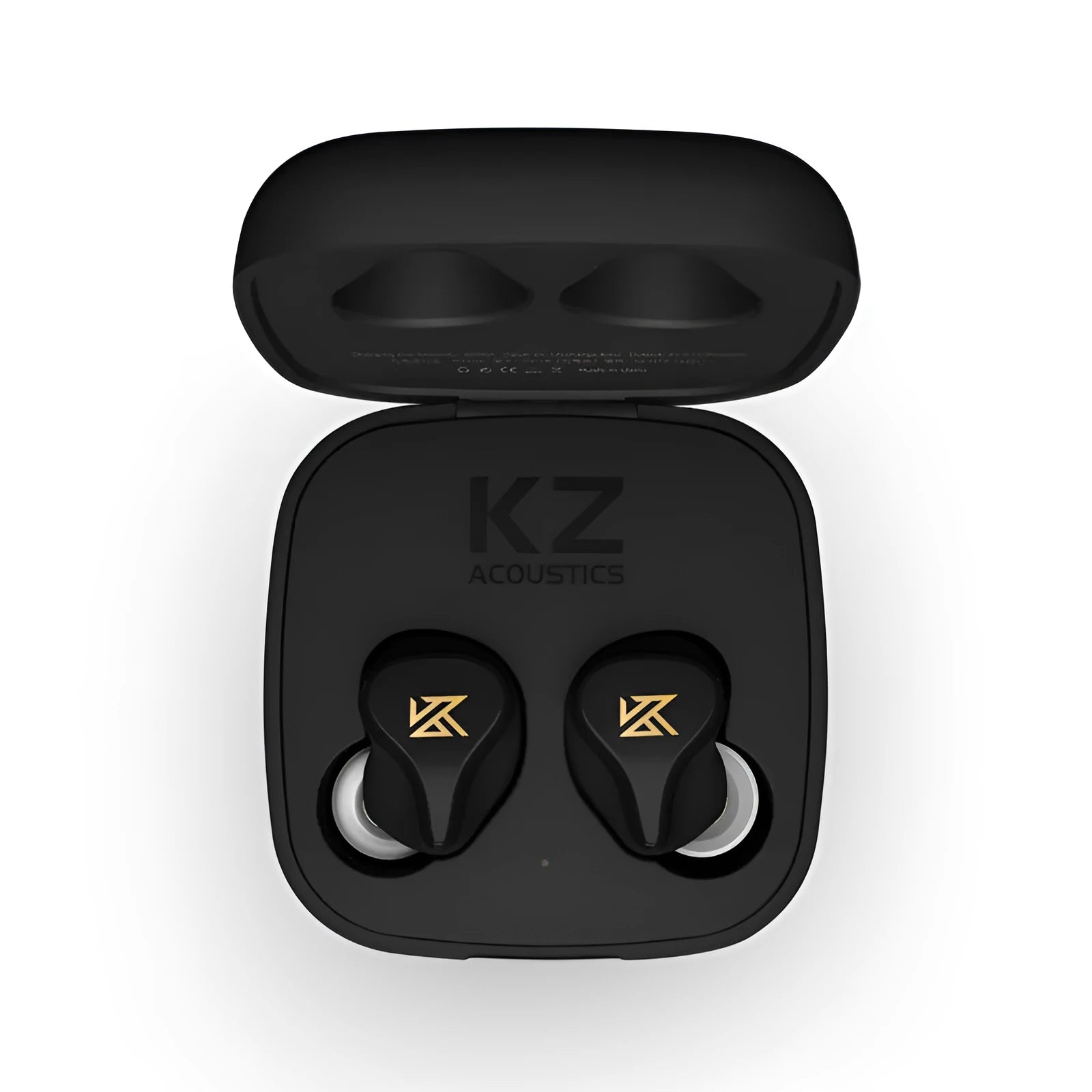 Black Z1 true wireless Bluetooth in-ear headphones with earbuds displayed next to charging case.
