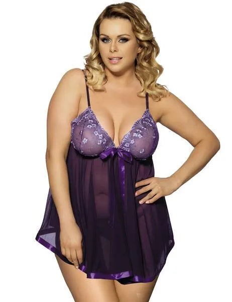 Women's plus size black mesh and lace lingerie sleep dress on a hanger.