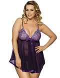 Women's plus size black mesh and lace lingerie sleep dress on a hanger.