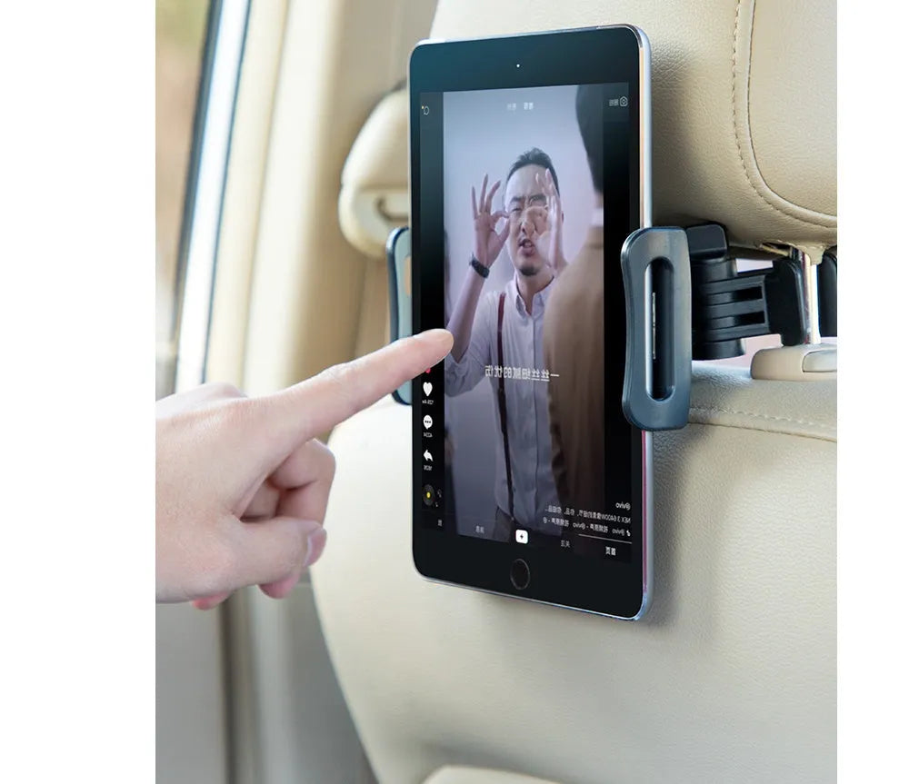 Black universal car phone holder with rear seat base mounting for tablets and phones