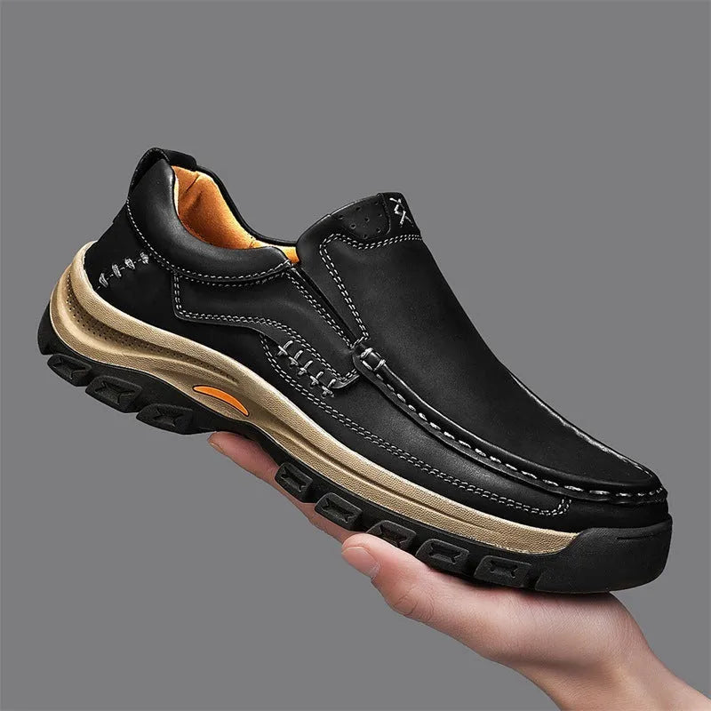 Men's black leather outdoor shoes with thick rubber sole and round toe