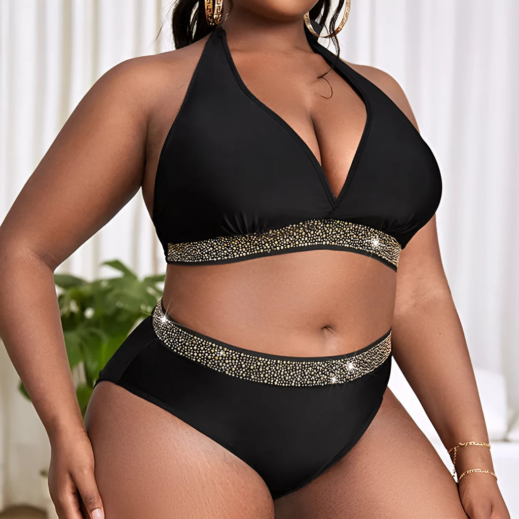 Black plus size women's swimsuit bikini with two-piece design on mannequin showing front view