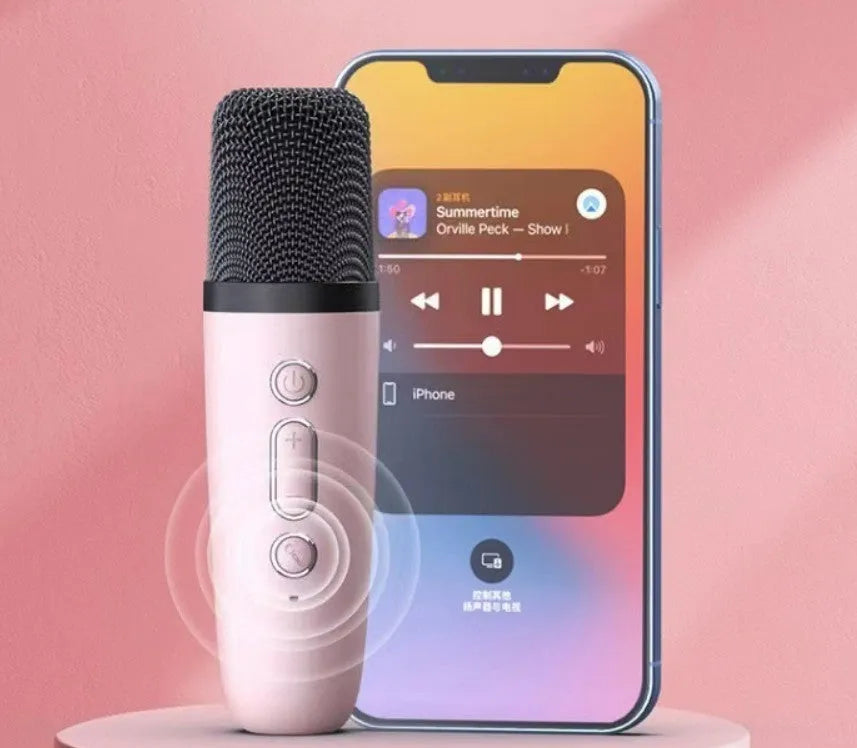 Portable Bluetooth karaoke speaker microphone with coloured lights in pink, sky blue, or white colour options