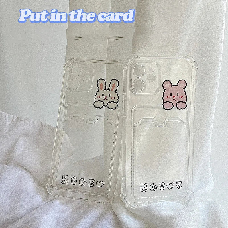Transparent cartoon-design iPhone case with a card slot on the back, shown in colour options BQ2472 and BQ2473.