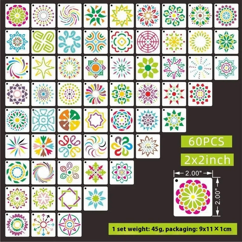 Milky white PET film spray painting templates showing flower, animal, and letter designs at 2-inch size