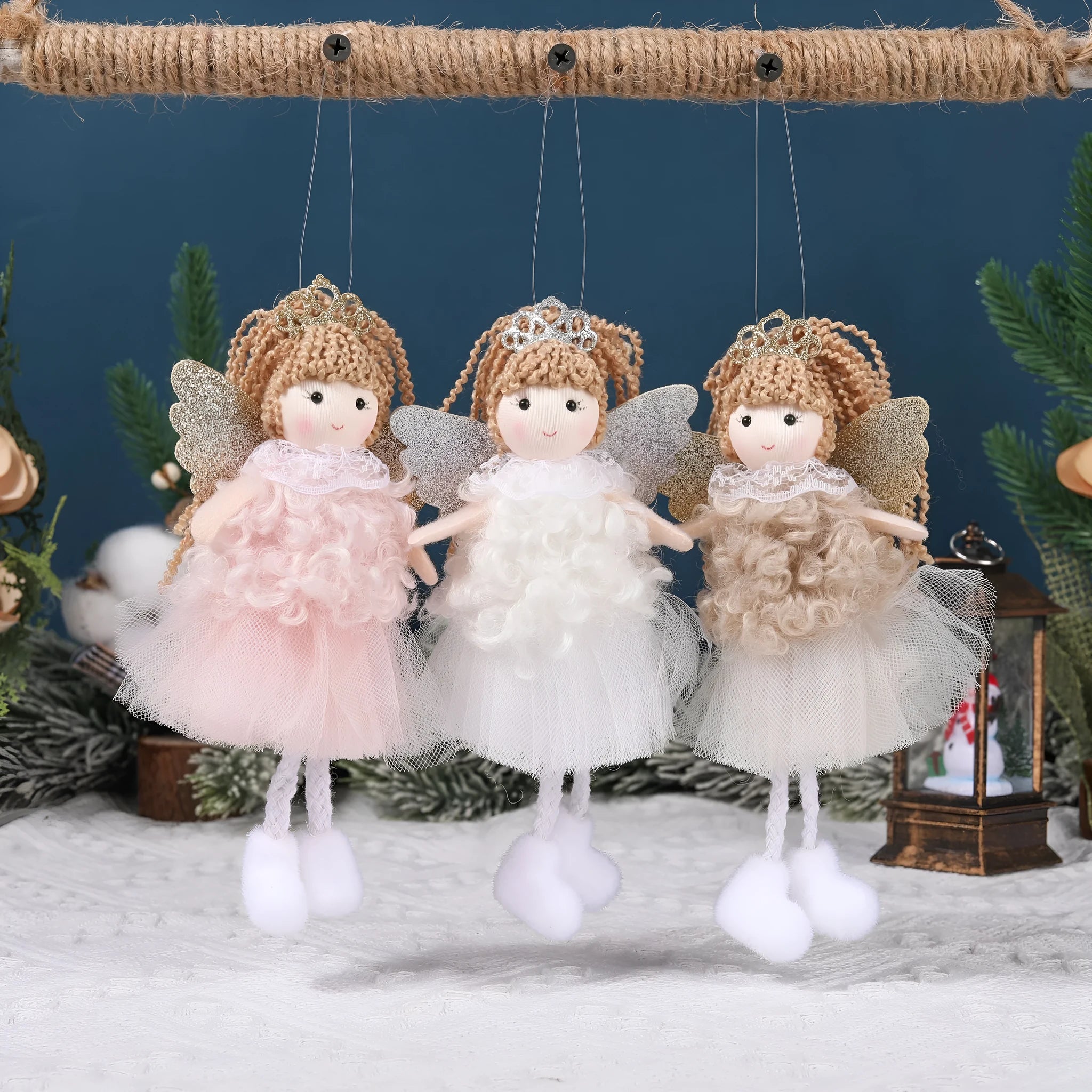 Christmas angel girl pendant cloth hair tie elastic in white, pink and khaki colours