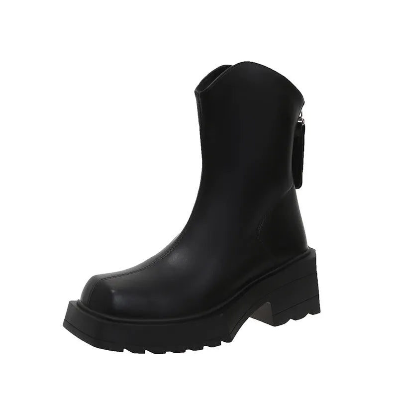 Black women's platform Martin boots with a square toe, mid-calf height, and a back zip.