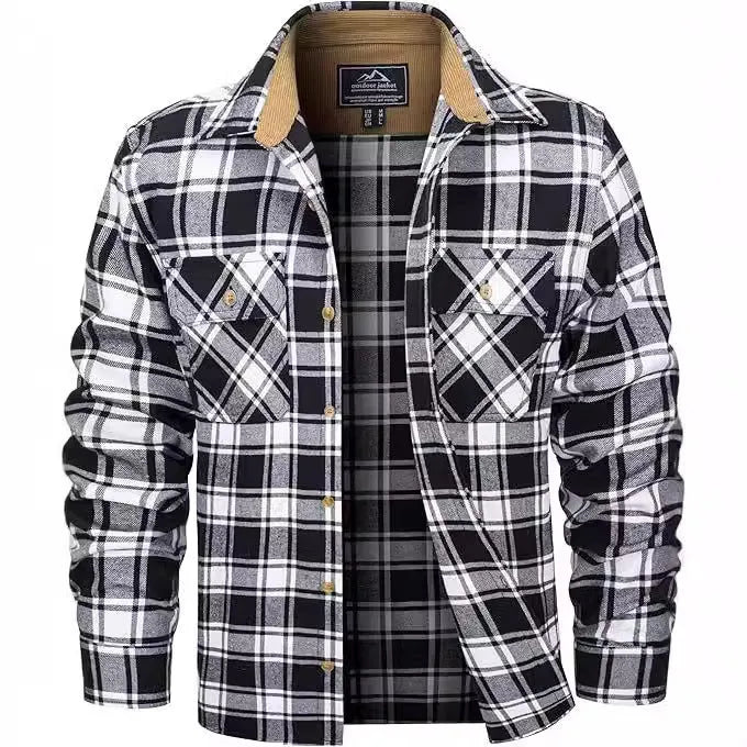 Men's winter flannel casual button-up shirt with plaid pattern in polyester fabric