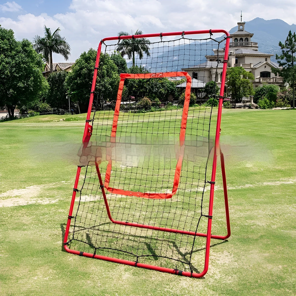 Red metal frame portable baseball training net folded to 95cm long