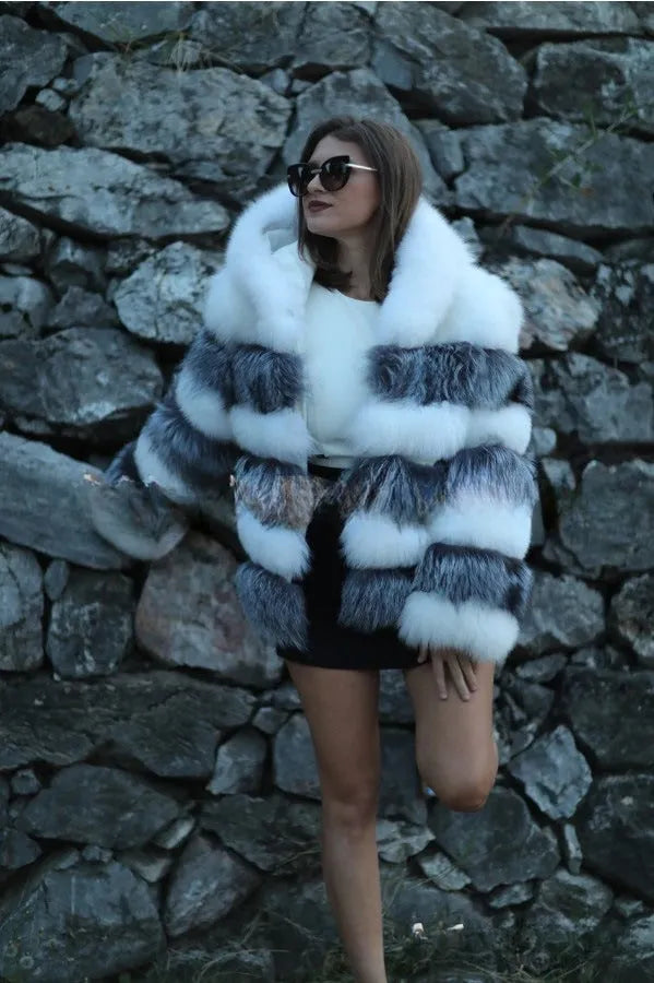 Women's artificial fur hooded coat in street fashion style with 65cm medium length
