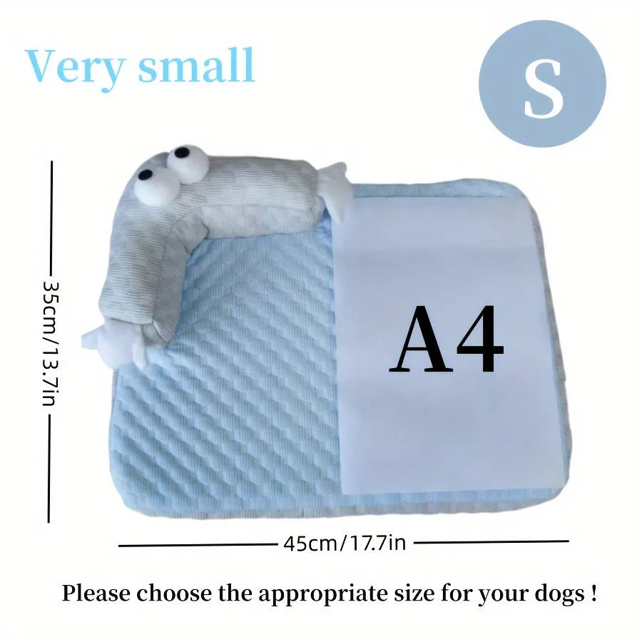 Blue monster design polyester pet bed for dogs and cats on a wooden floor.