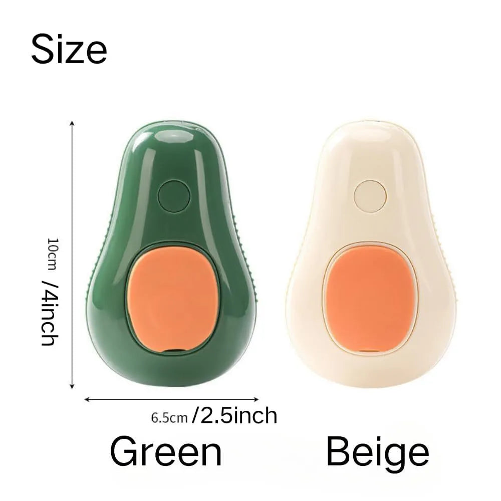 Green and white rechargeable cat steam brush with water spray nozzle and soft silicone teeth.