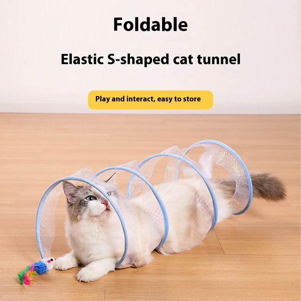 S-shaped cat tunnel with steel frame, elastic net and interior feather danglers