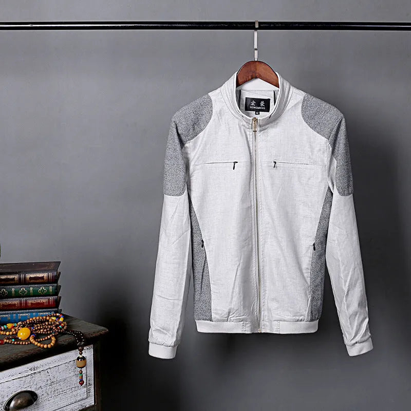 Men's regular fit cotton linen jacket in heather grey showing front design with colour-matched pattern