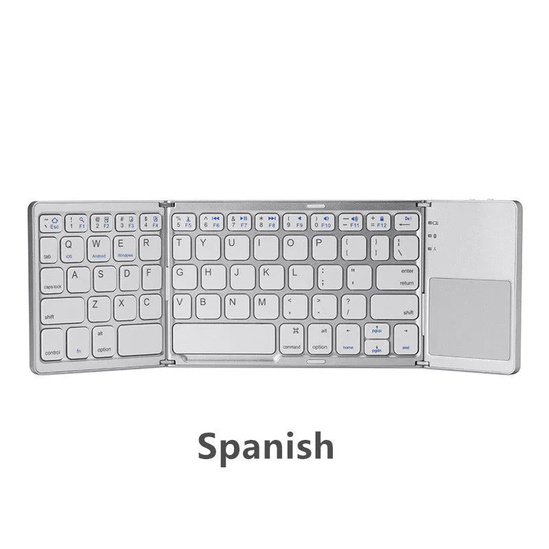 Black tri-fold folding Bluetooth keyboard with touchpad shown open and closed, next to a mobile phone
