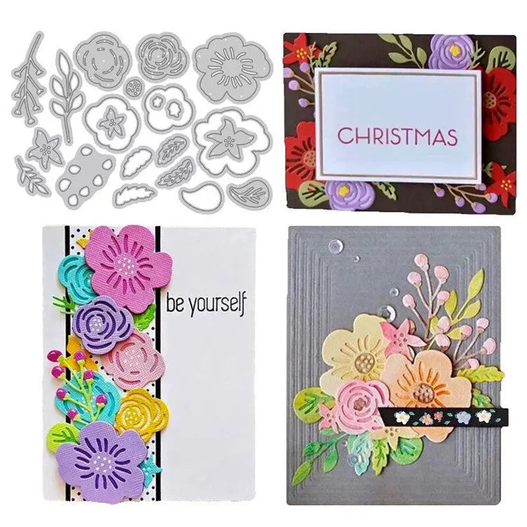 Silver carbon steel paper cutting mould with etched floral design measuring 14.3 by 9.9 centimetres