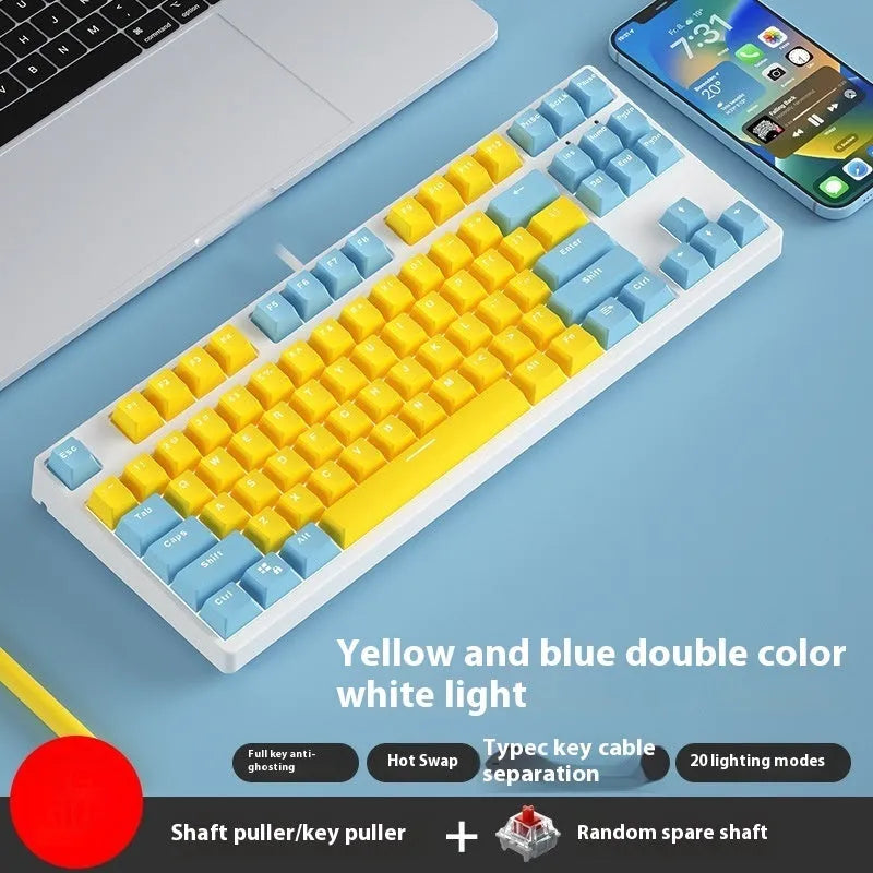 87-key wired mechanical gaming keyboard with multi-colour keycaps on a metal body.