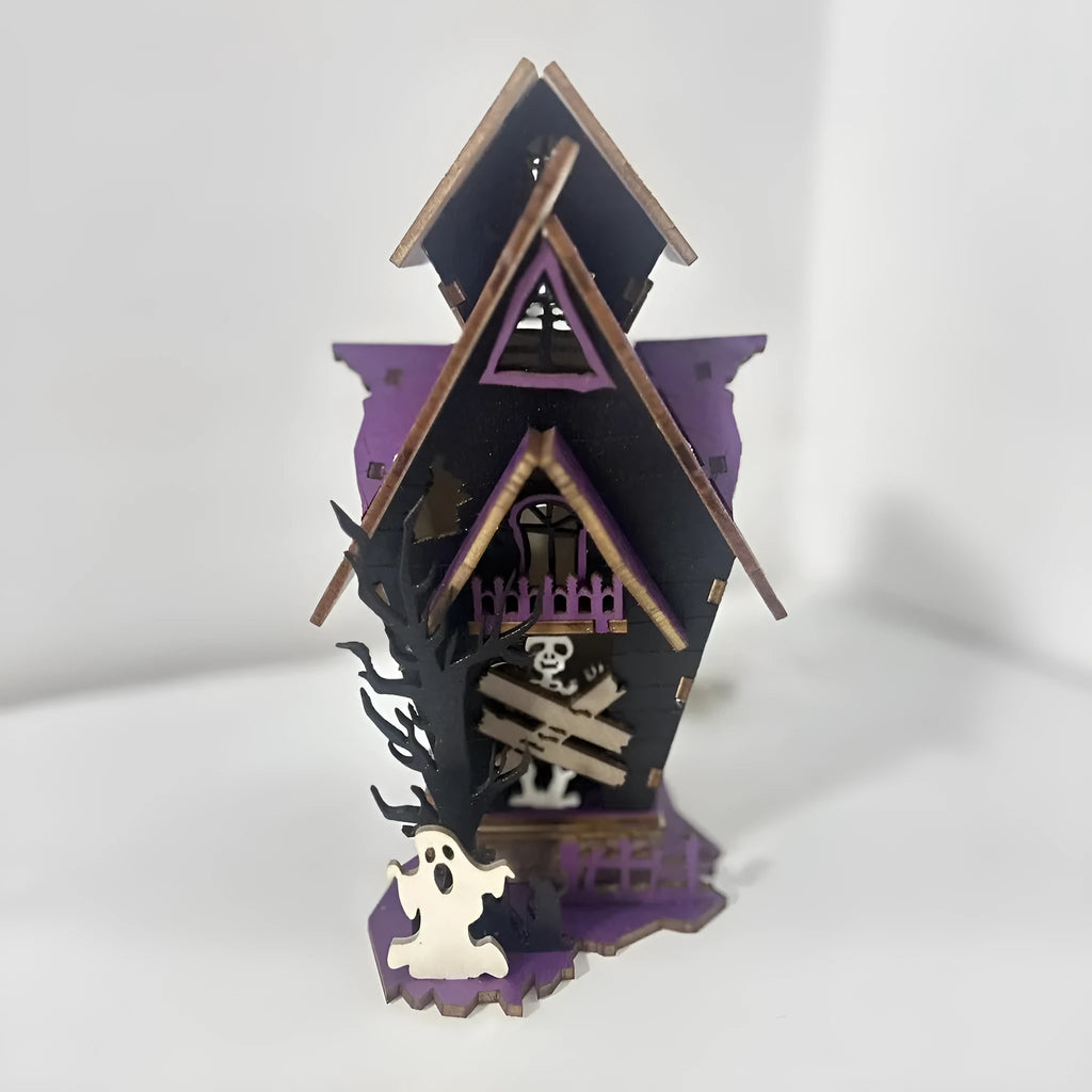 Wooden DIY haunted house Halloween decoration with luminous design measuring 14x10.5x19cm