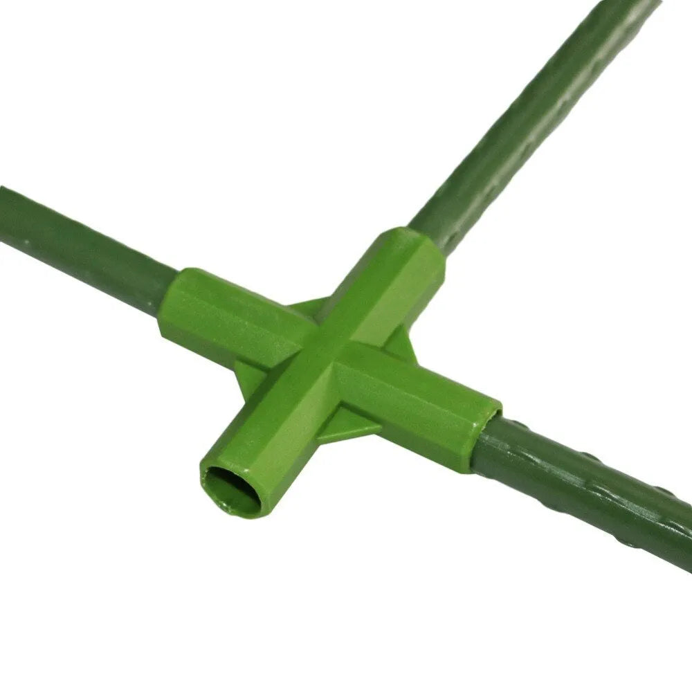 White PP plastic 3-way and 4-way garden plant support connectors for 11mm stakes.