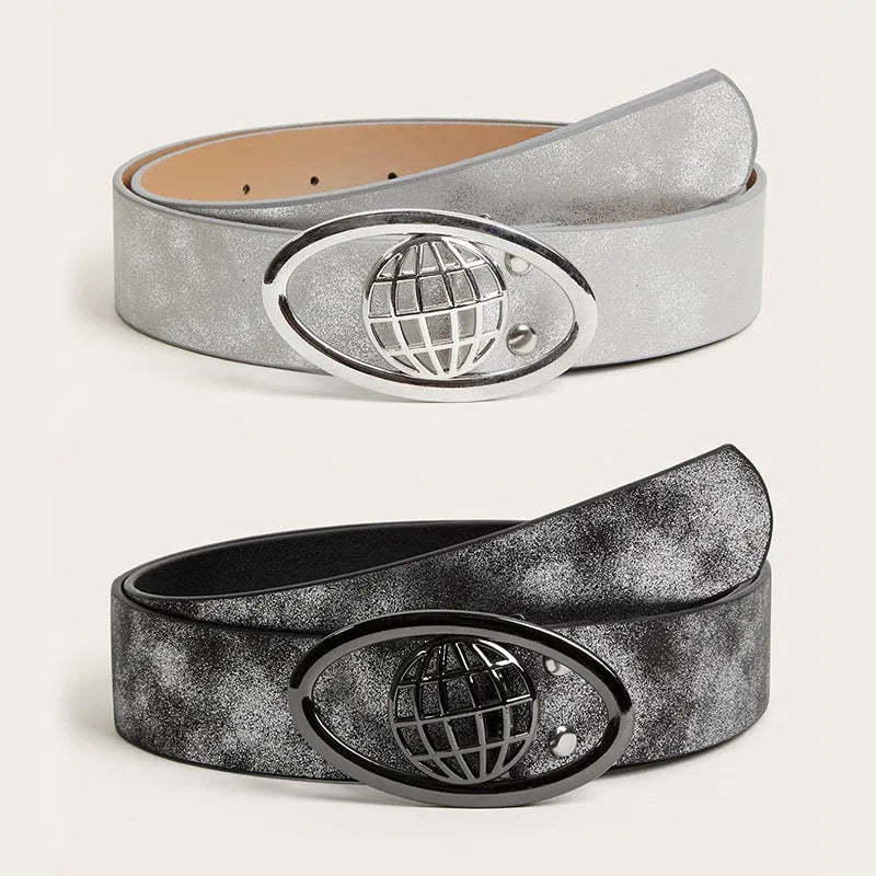 Women's retro oval buckle PU leather belt in thick width with antique finish earth tone colours
