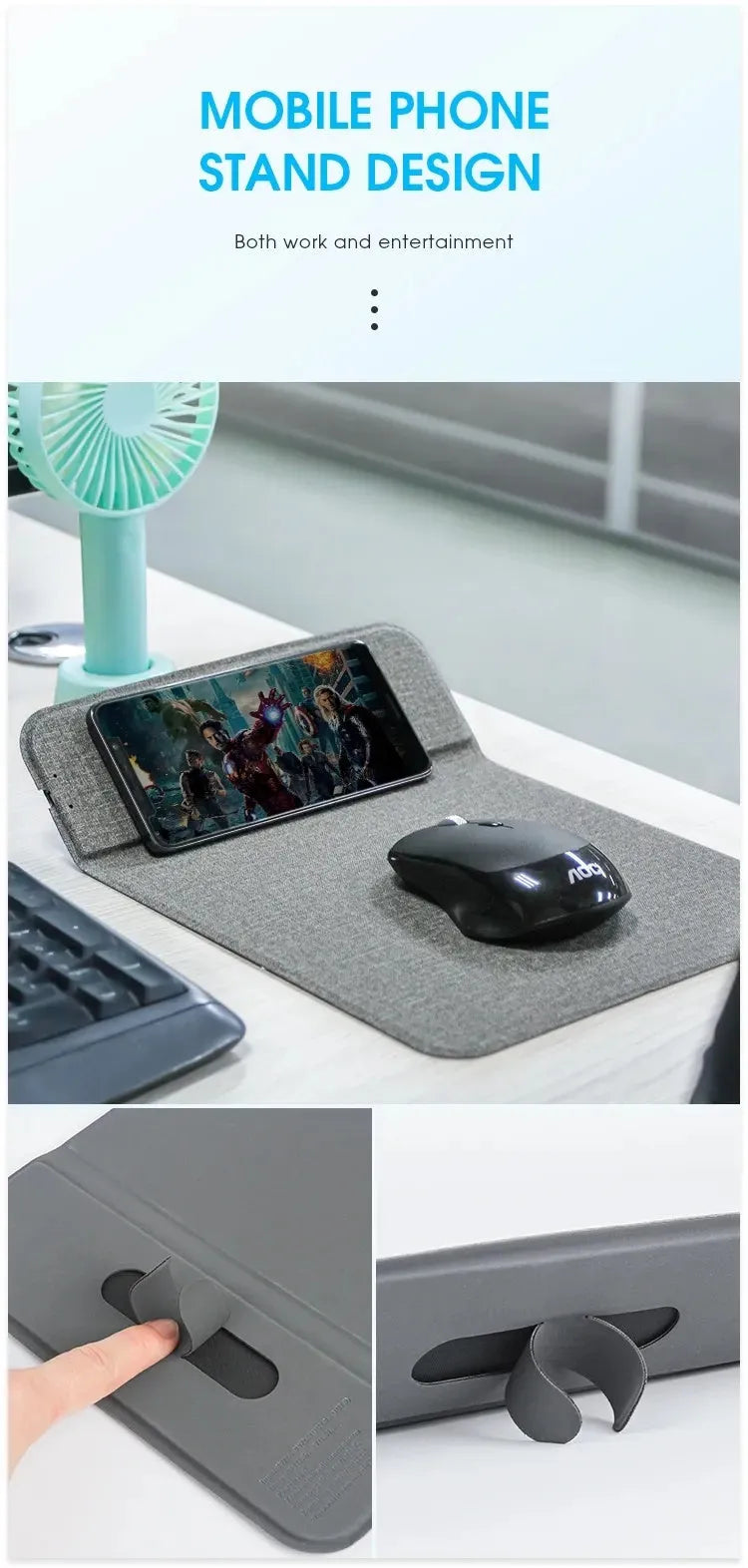 Foldable cloth phone holder showing wireless charging capability with 10W fast charging