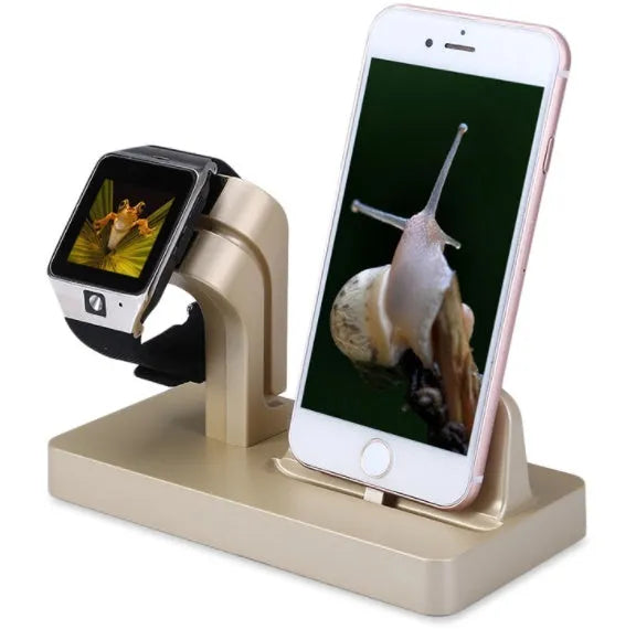 White 2-in-1 charging dock holding an iPhone and an Apple Watch upright on a desk.