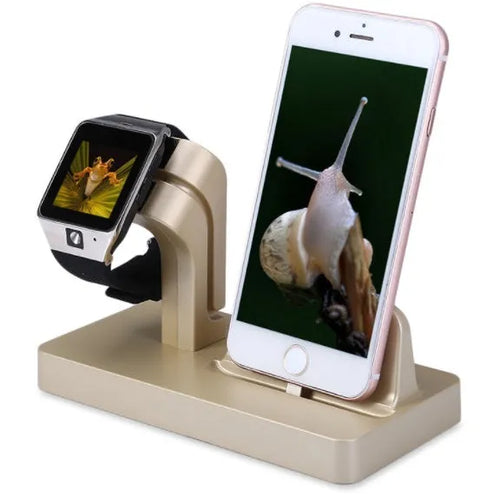 White 2-in-1 charging dock holding an iPhone and an Apple Watch upright on a desk.