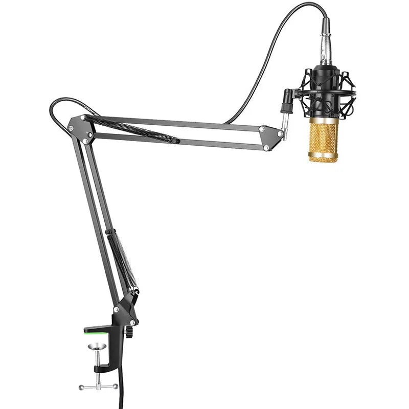 BM-800 condenser studio microphone with electroplated mesh head in choice of colours including black, silver, gold, and pink.