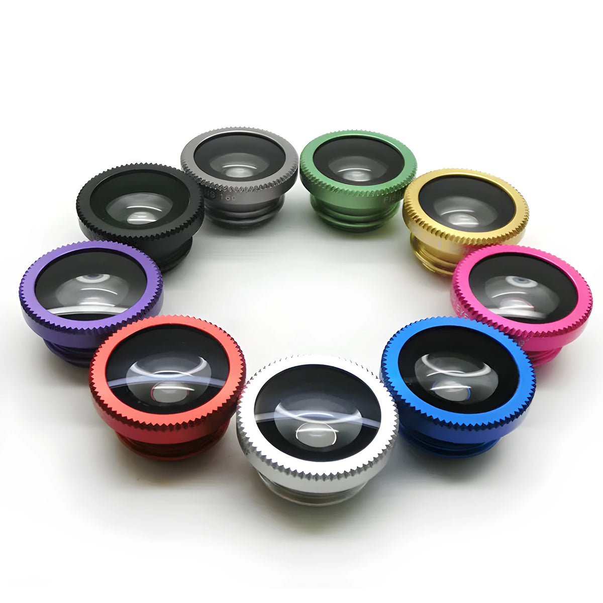 Three-in-one mobile phone lens kit showing fisheye, wide-angle, and macro lenses with universal smartphone clip