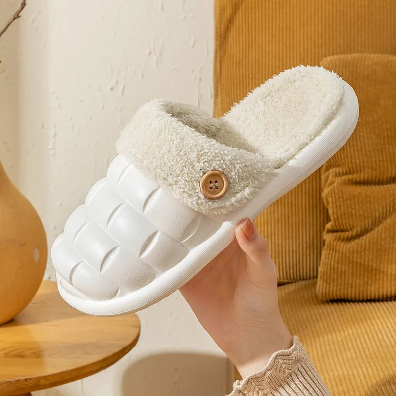 Women's detachable plush-lined EVA slippers in pink with non-slip soles for winter indoor wear