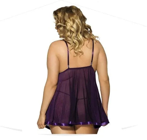 Women's plus size black mesh and lace lingerie sleep dress on a hanger.