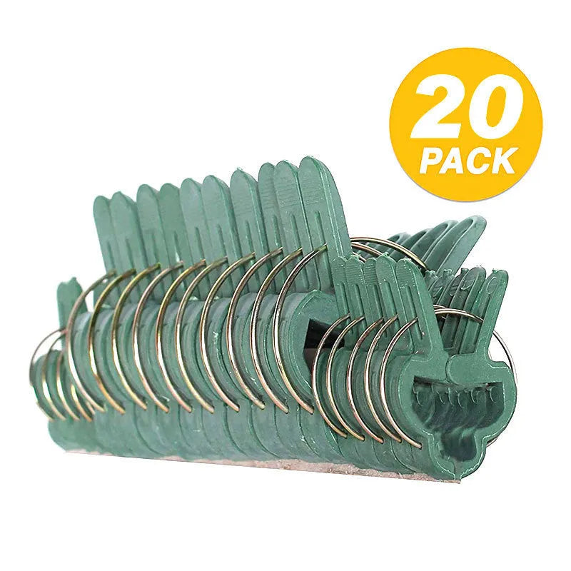 Green plastic and zinc plant fixing clips: 10 large and 10 small for climbing plants.