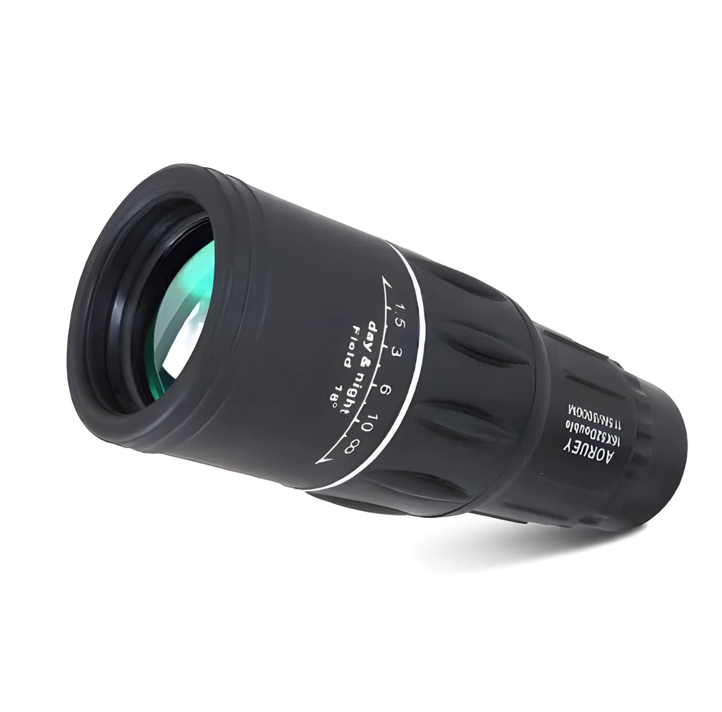 Black 16x52 high power monocular telescope with wide-angle lens and eyepiece focus adjustment.