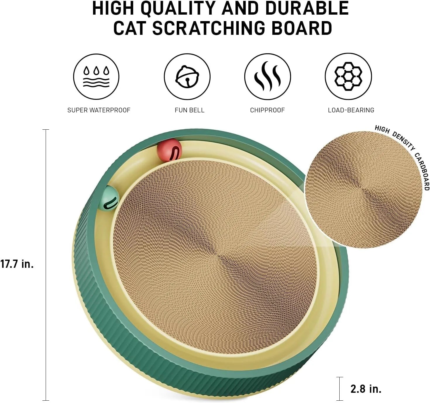 Large circular green and white cat scratching board with bell balls and a refillable cardboard core.