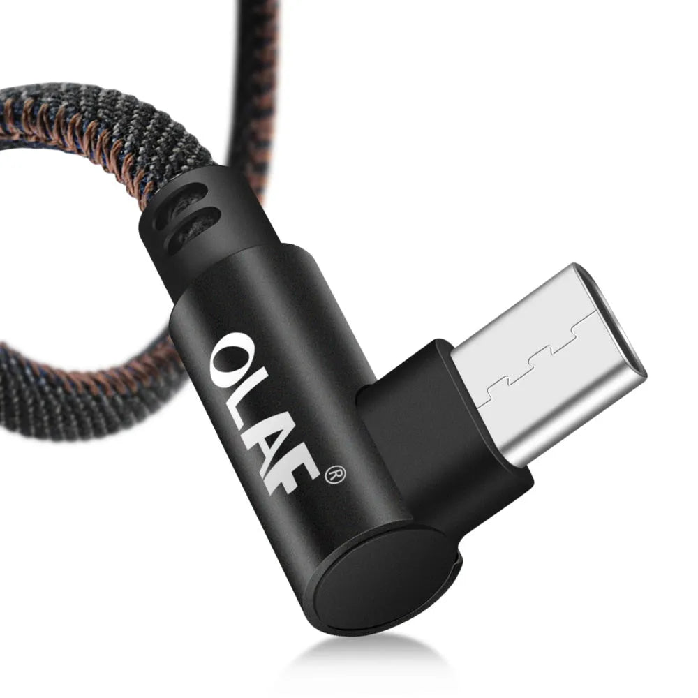 Denim-braided fast charging USB cable with aluminium connectors for Android or Type C devices.