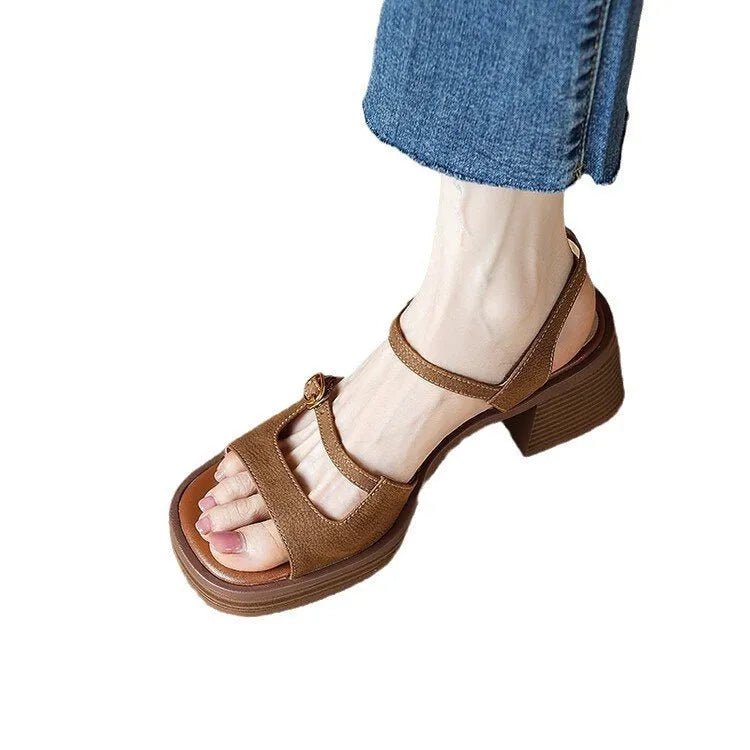 Women's open toe square toe retro platform sandals in milky white and brown colours