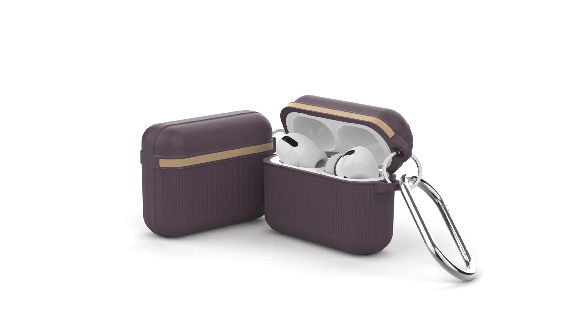 Beige silicone protective case with metal buckle for Apple AirPods charging case.
