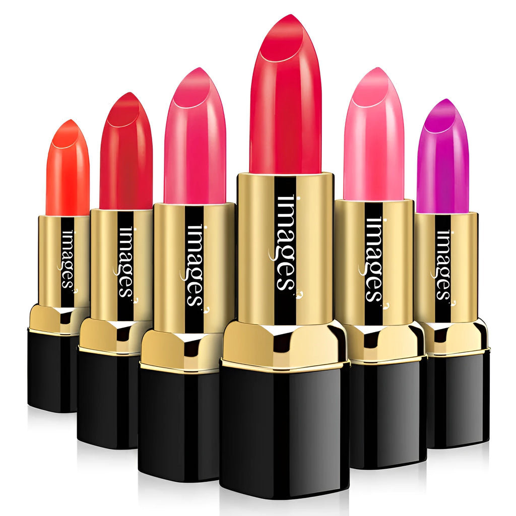 3.8g moisturising lipstick in stick format showing 10 colour options from coral red to retro red