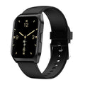Black smart watch with heart rate monitoring and Bluetooth call features on silicone wrist strap