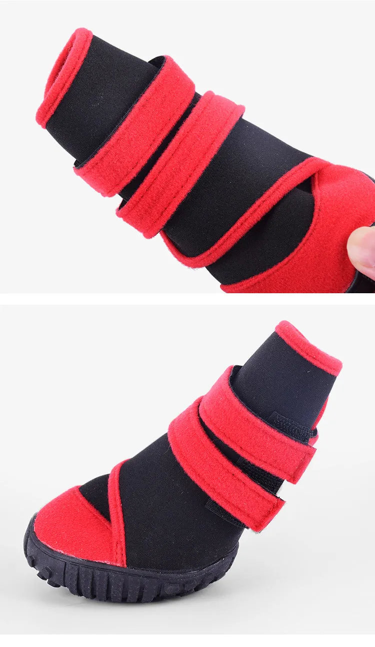 Waterproof pet shoes with wet suit fabric body, beef sole and multi-toothed non-slip tread in red or blue