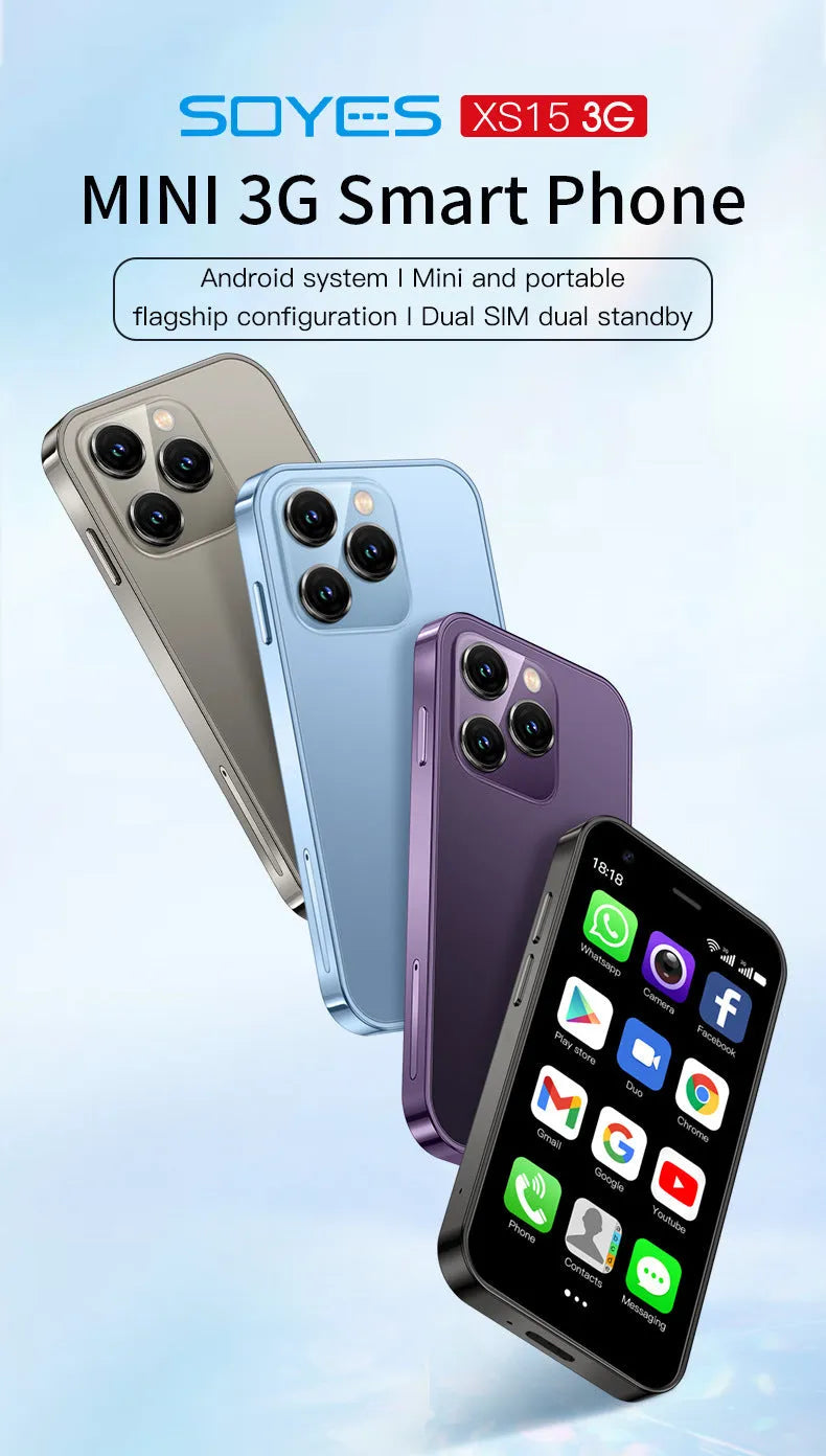 S23PRO XS15 mini smartphone in black, green, or pink purple with a 3-inch screen on a straight plate design.